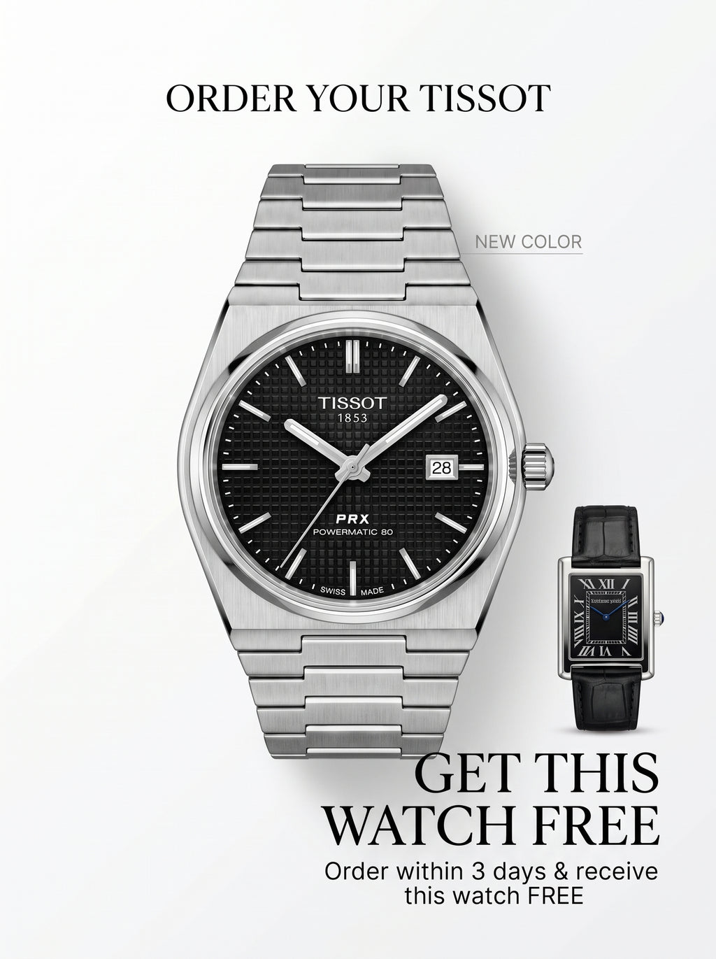 Tissot PRX Semi-Automatic – Silver with Black Dial + Free Cartier Watch