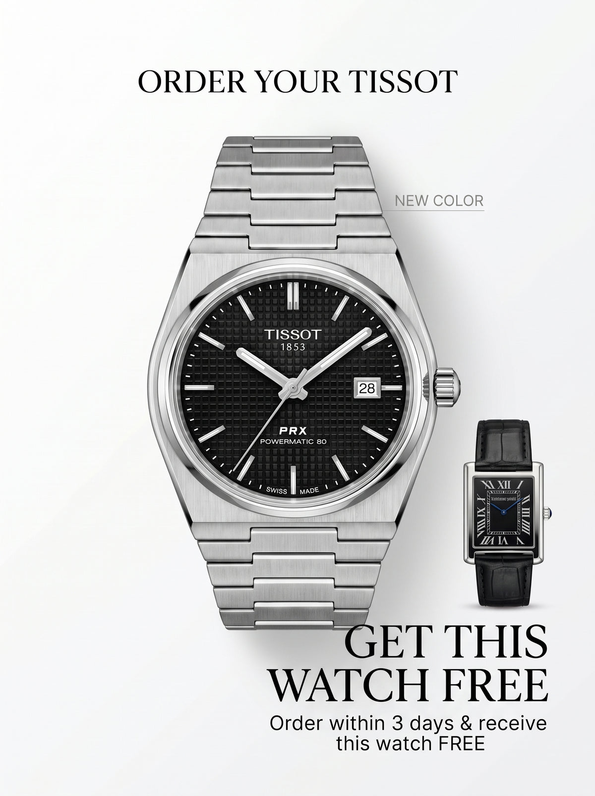 Tissot PRX Semi-Automatic – Silver with Black Dial + Free Cartier Watch